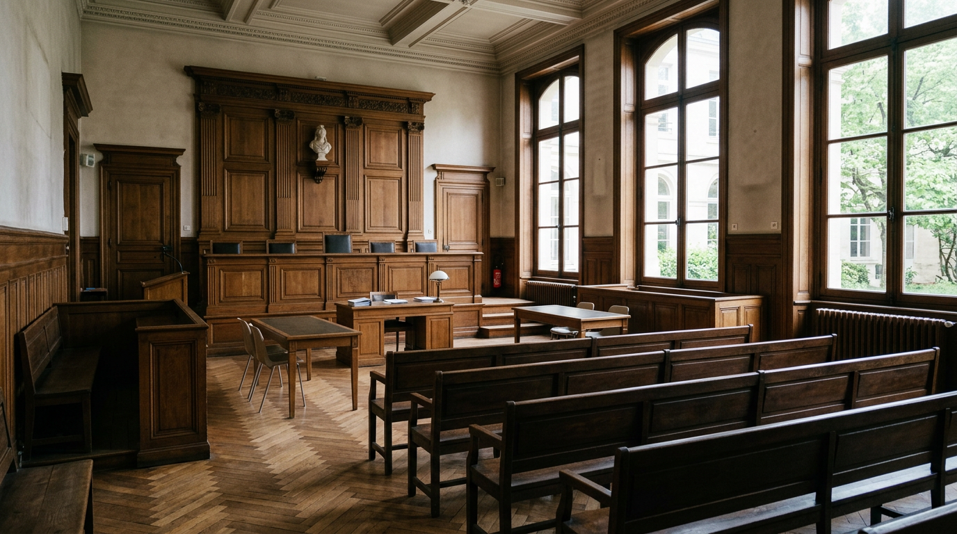 Photo photoréaliste d’une salle d’audience prud’homale fictive pour illustrer un article juridique sur la preuve devant le conseil de prud’hommes.