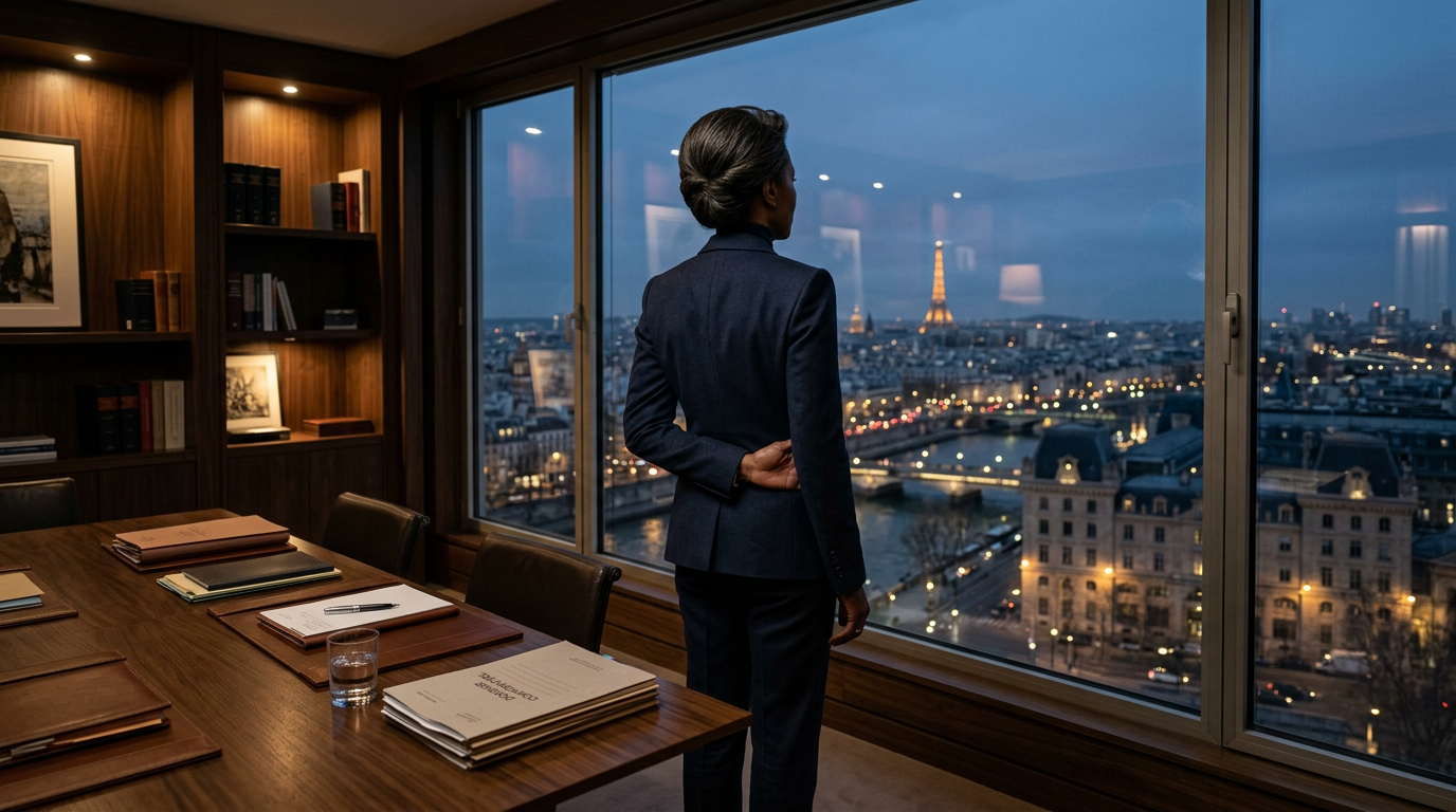 Avocate charismatique dans un cabinet haut de gamme, ambiance série judiciaire