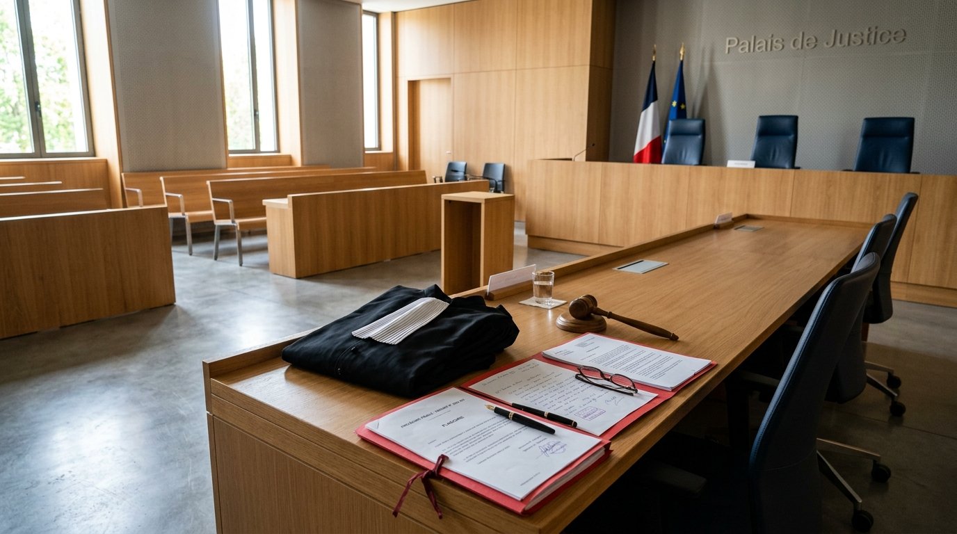 Salle d'audience moderne avec dossiers de procédure et robe d'avocat