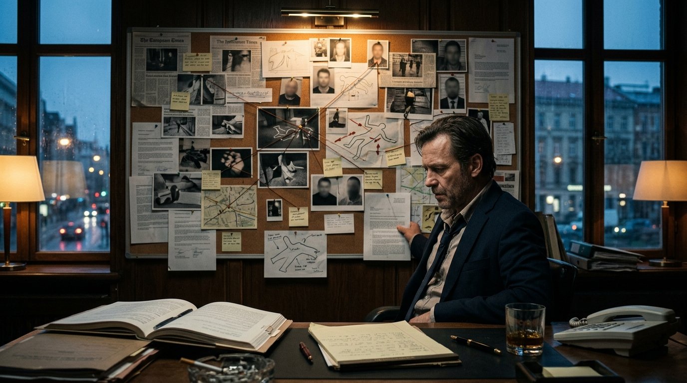 Mur de preuves et ambiance pop culture juridique dans un bureau d'avocat