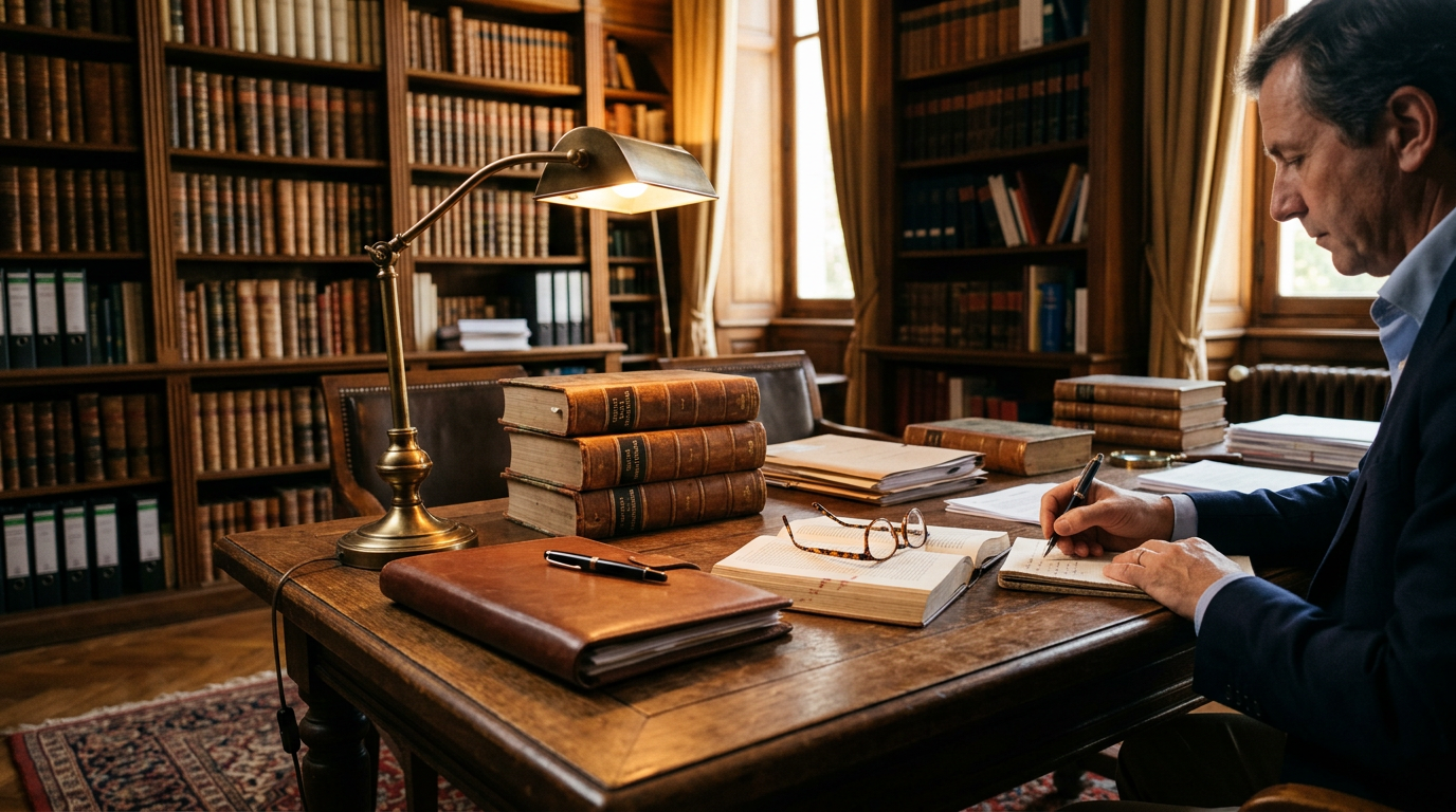 Bibliothèque juridique avec livres et ambiance d'investigation