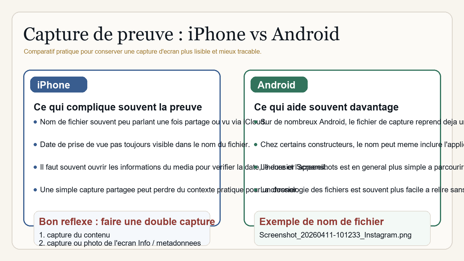 Comparatif pratique entre captures d'ecran iPhone et Android pour conserver une preuve