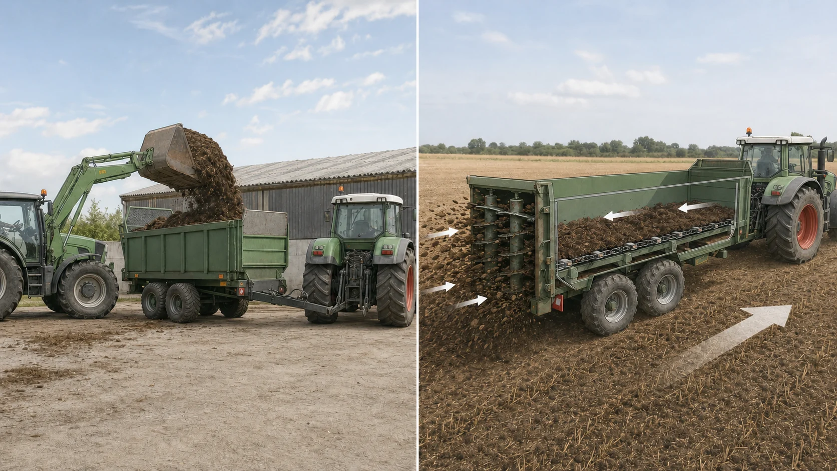 Schéma en deux étapes du chargement du compost puis de son épandage par fond mouvant et hérissons rotatifs