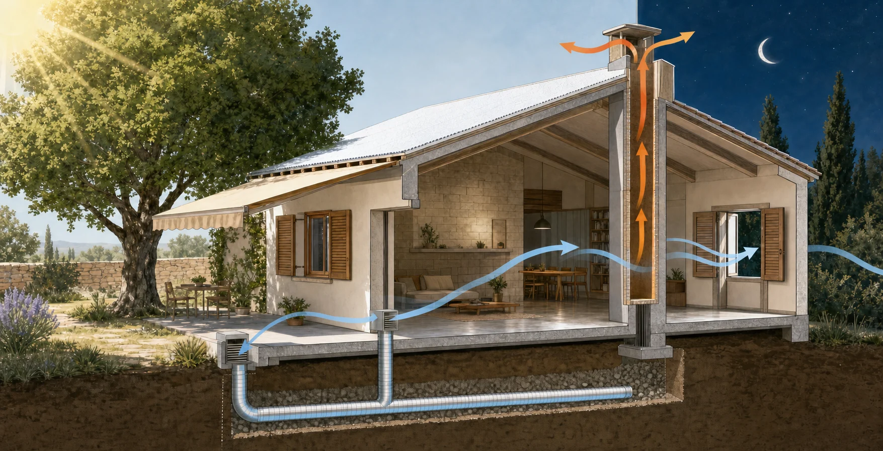 Coupe pédagogique d’une maison utilisant ombrage, toiture claire, ventilation, inertie, cheminée solaire et puits climatique