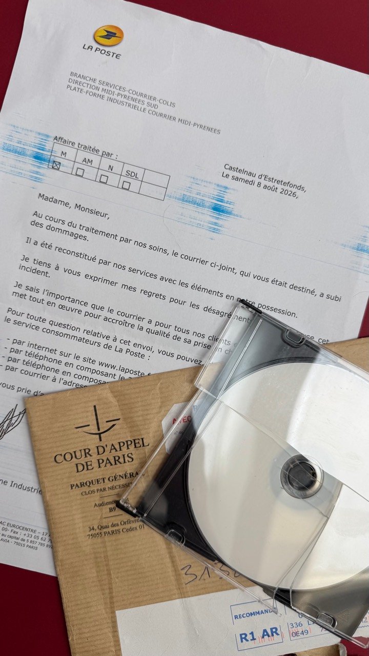 Courrier de La Poste, enveloppe de la cour d’appel de Paris et boîtier de CD-ROM endommagé