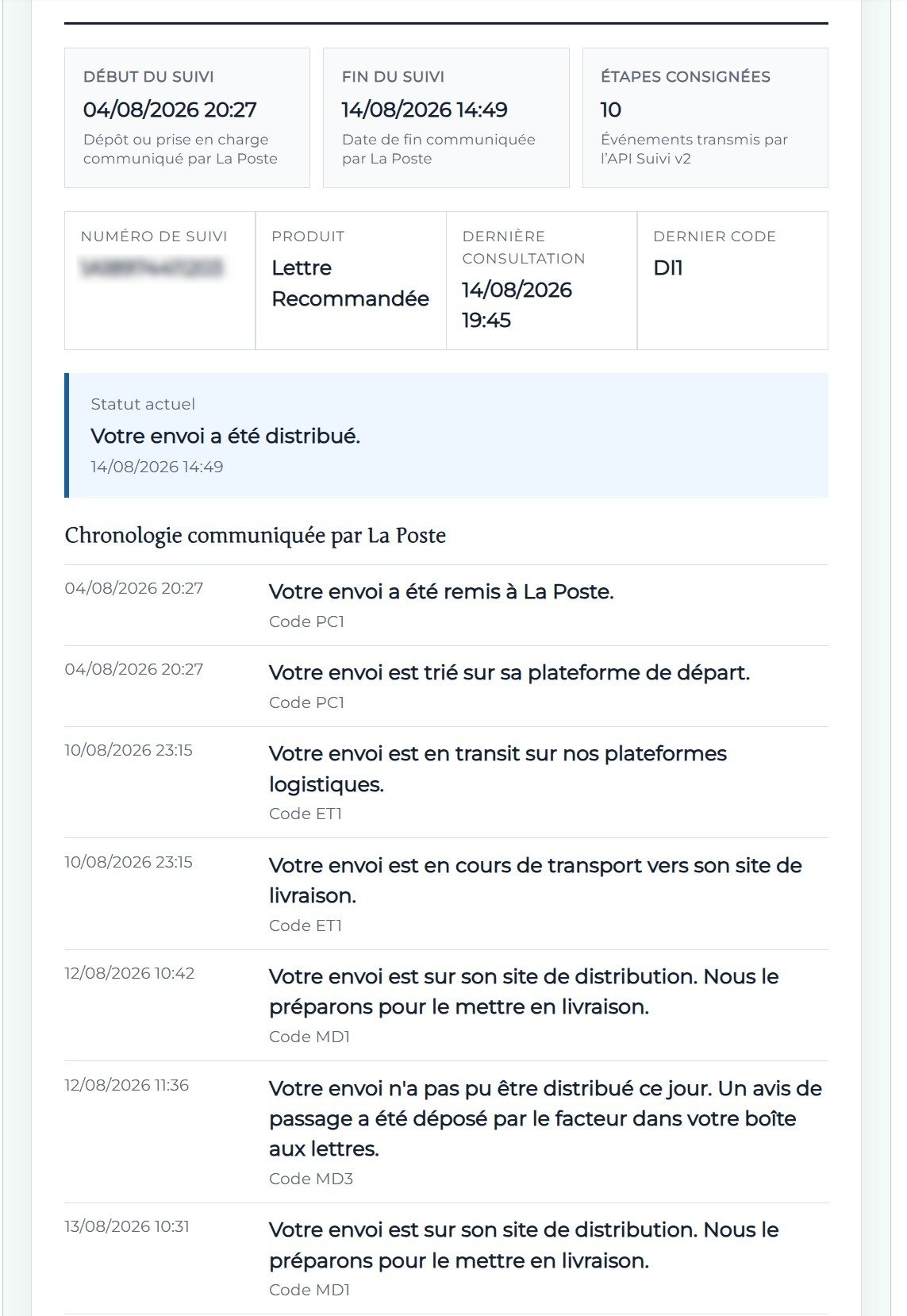 Extrait anonymisé d’un relevé de suivi LRAR présentant les dates de début et de fin et la chronologie La Poste