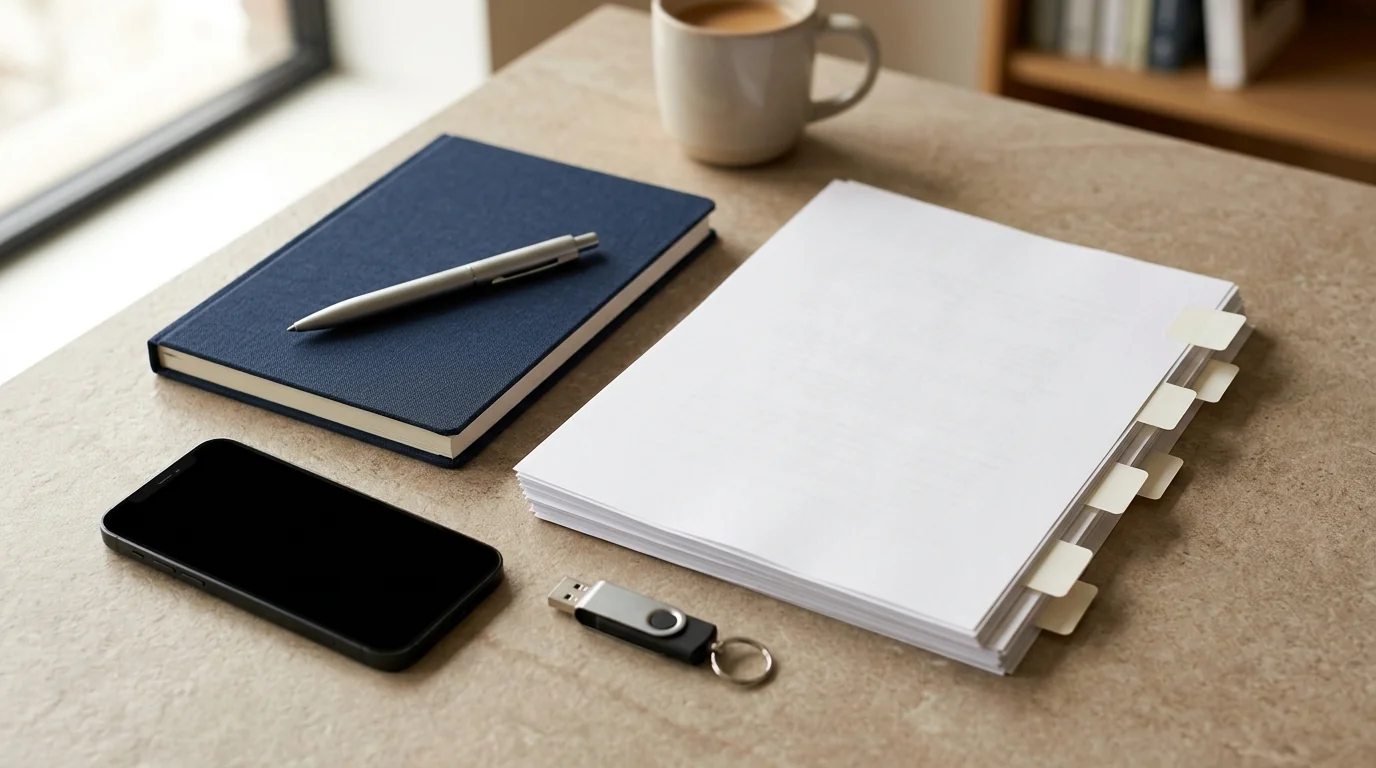 Téléphone, carnet et documents classés pour préparer un dossier de preuves numériques.